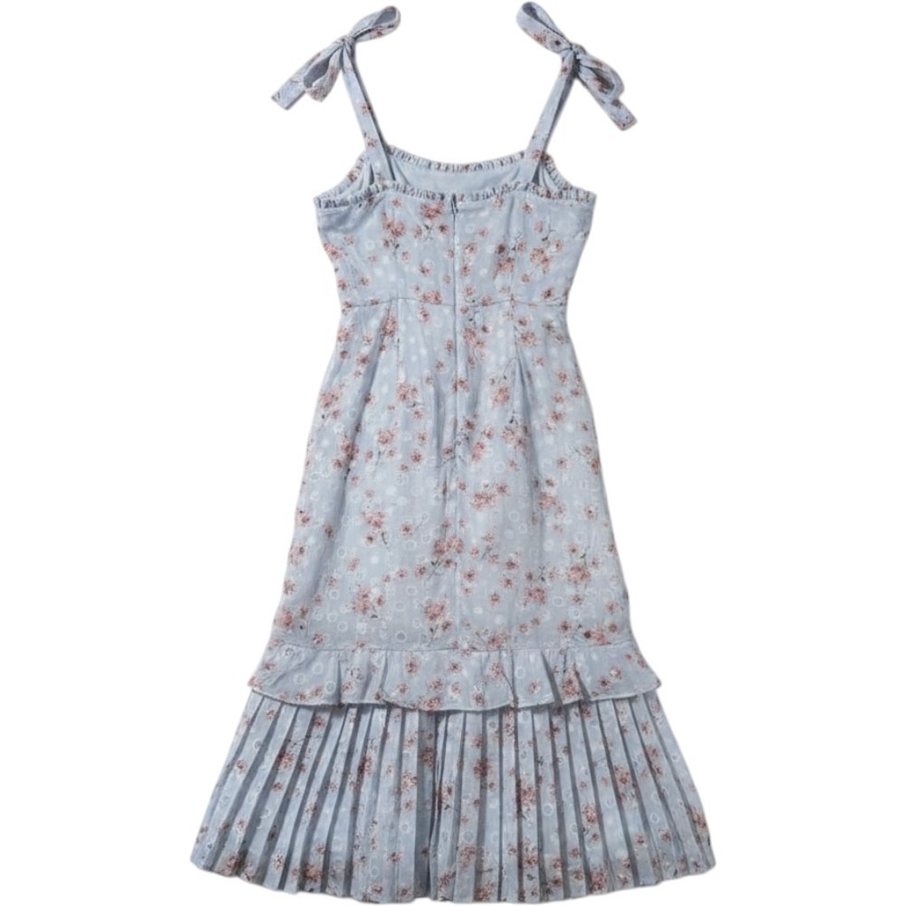 JJ's House Midi Dress Small Blue Floral‎ Metallic Pleated Tiered Cottagecore